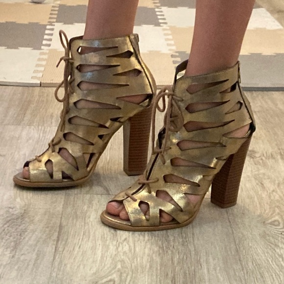 Call It Spring Gold Metallic Bootie Lace Up Block High Heels Zip Up Chunky | 7.5 - Picture 8 of 15